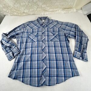 Wrangler Wrancher Western Shirt Mens XL Blue Plaid Pearl Snap‎ MTW1256 Cowboy